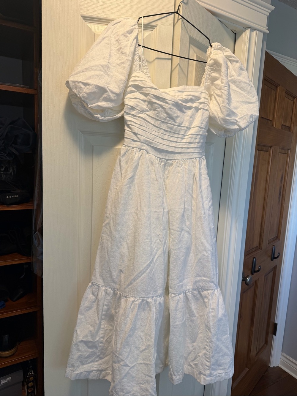 Abercrombie & Fitch White Puff-Sleeve Tiered Midi Dress